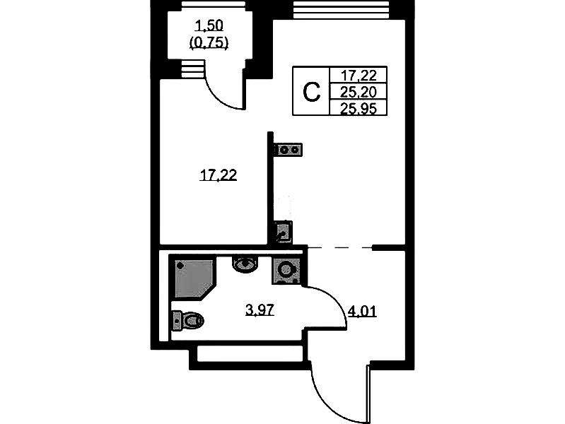 Квартира студия 25.95 м², 8/9 эт., ЖК «GloraX Новоселье»